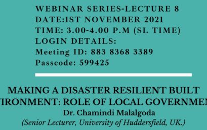 Guest Lecture on ‘Making a Disaster Resilient Built Environment : Role of Local Governments’ – 1st Nov.